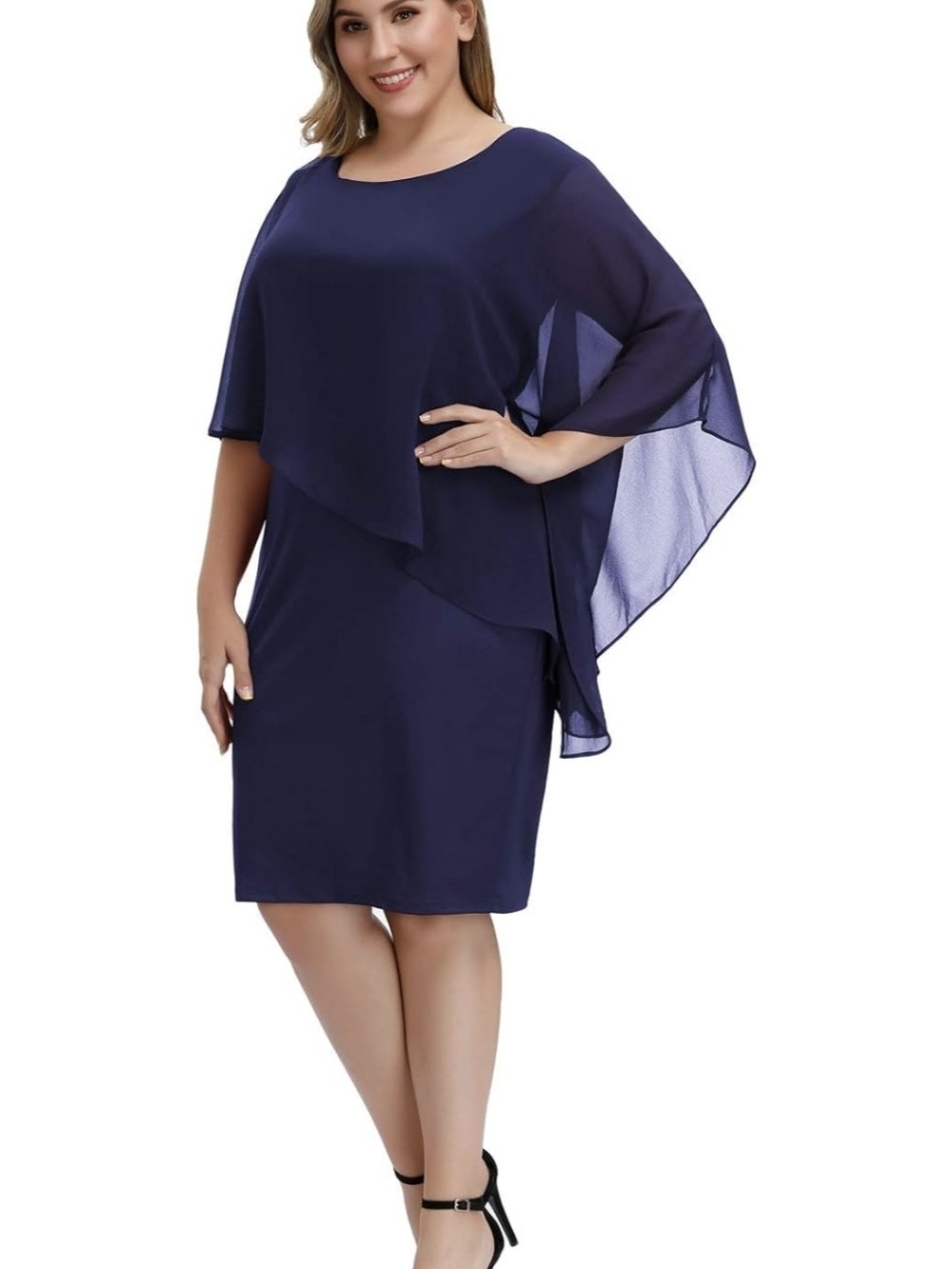 Hanna Nikole Mediun  Navy Layered Chiffon Cape Sheath Dress